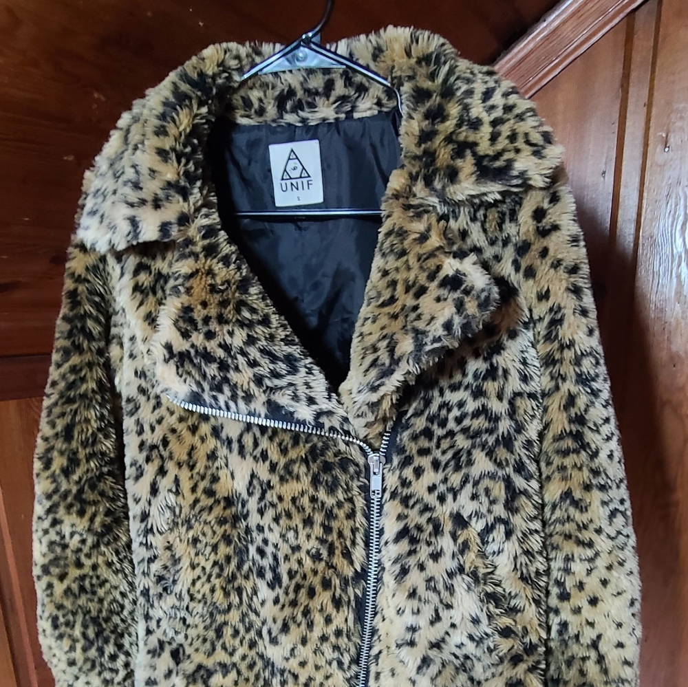 Unif leopard print faux fur moto jacket